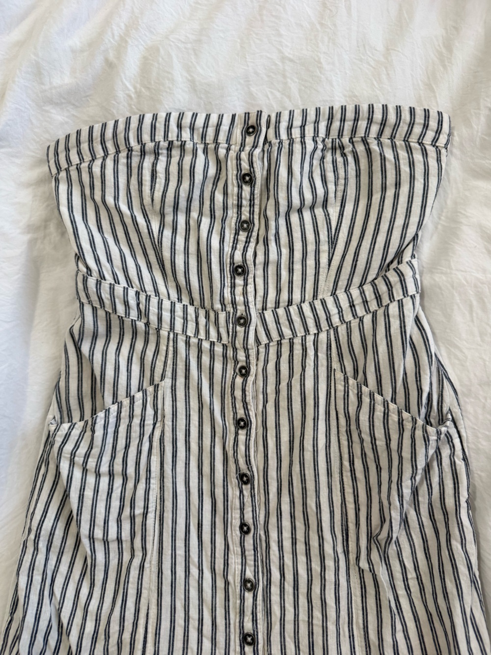 BDG Strapless Button-Front Dress in White with Navy Stripes